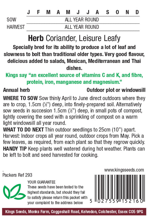 Kings Seeds Herb Coriander Leisure Leafy Seeds