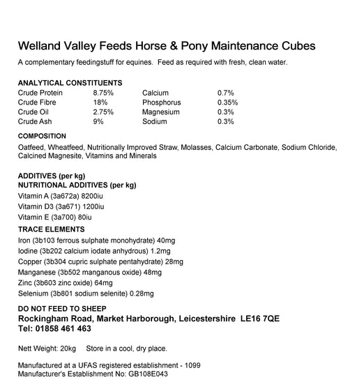 Welland Valley Feeds Maintenance Horse & Pony Cubes 20kg