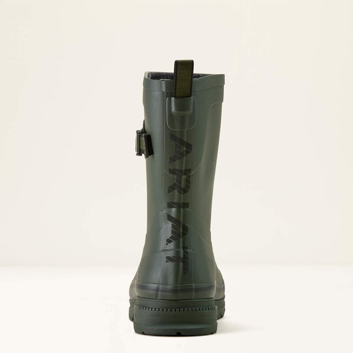 Green rain boot with 'Ariat' branding on a white background