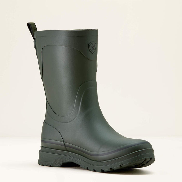 Green rubber boot on a white background