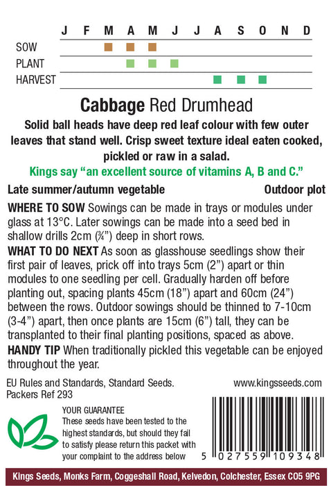 Kings Seeds Cabbage Red Drumhead F1 RHS AGM Seeds