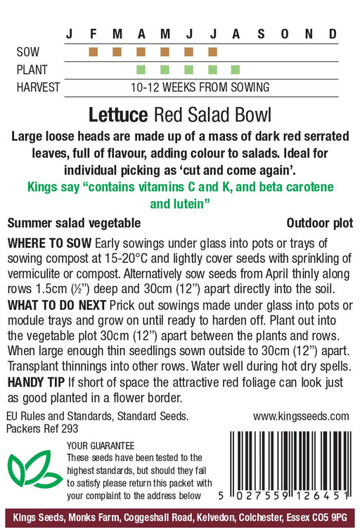 Kings Seeds Lettuce Red Salad Bowl RHS AGM Seeds