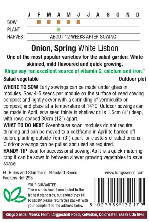 Kings Seeds Onion Spring White Lisbon RHS AGM Seeds
