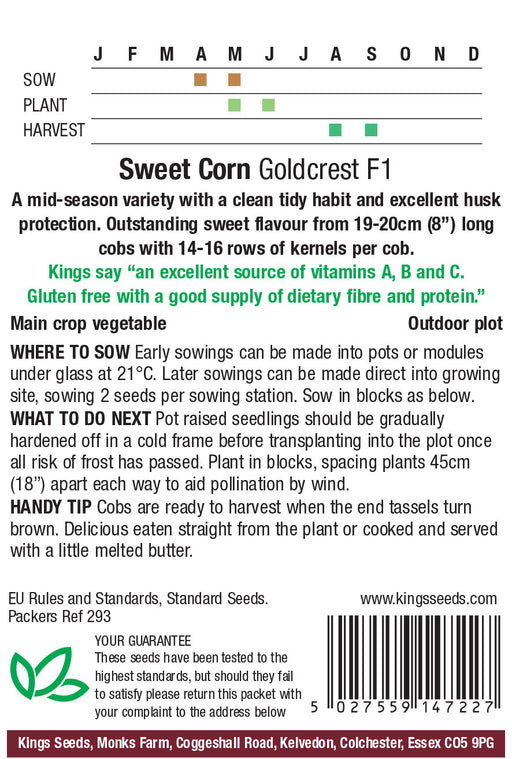 Kings Seeds Sweet Corn Goldcrest F1 Seeds