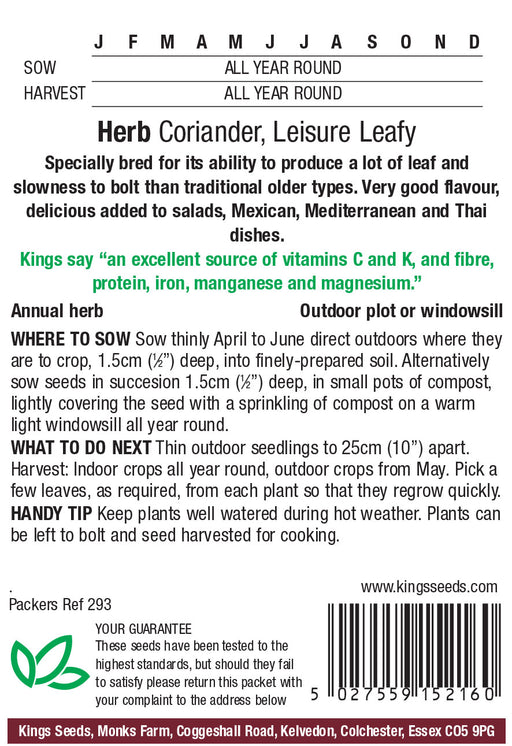 Kings Seeds Herb Coriander Leisure Leafy Seeds