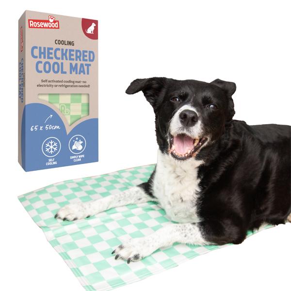 Dog lying on a Rosewood checkered cooling mat