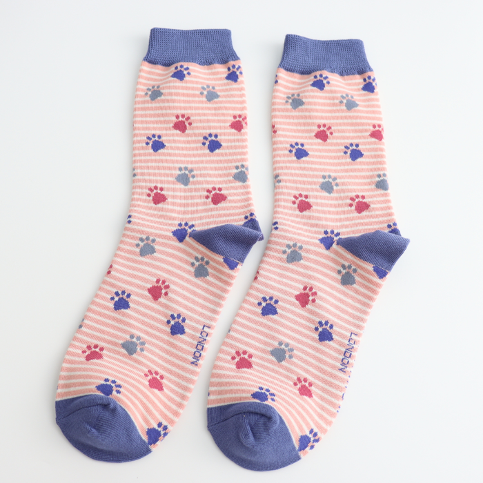 Miss Sparrow Paw Prints & Stripes Socks dusky pink