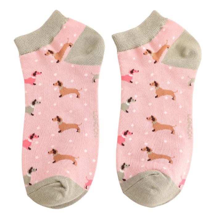 Sausage Dog & Spots Trainer Socks Dusky Pink