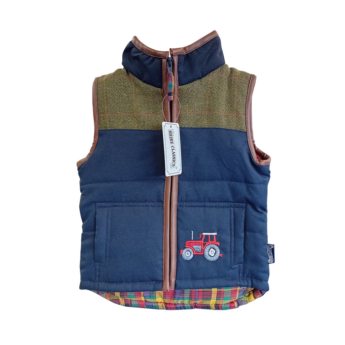 Kids Tractor Tweed Bodywarmer Navy & Green