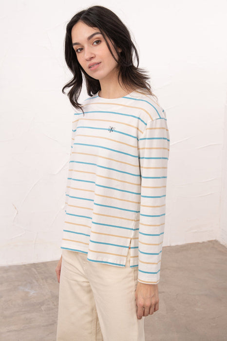 Lighthouse Causeway Long Sleeved Top Blue & Clay Stripe