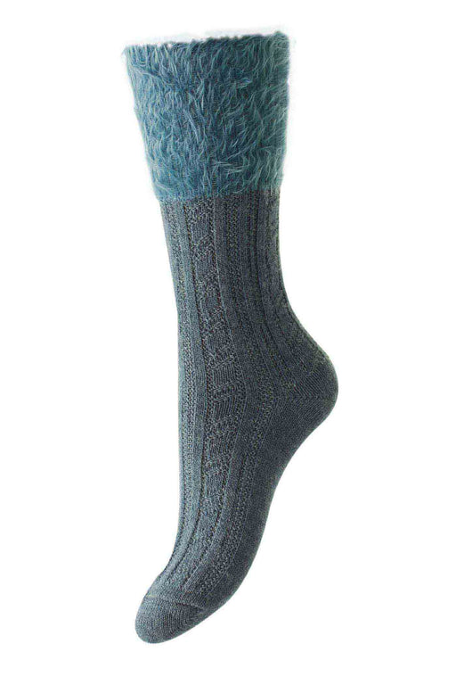 HJ Fluffy Top Cable Sock 4-7 Blue