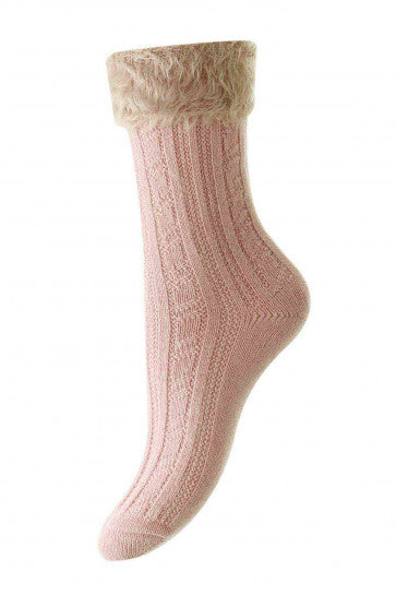 HJ Fluffy Top Cable Sock 4-7 Pink