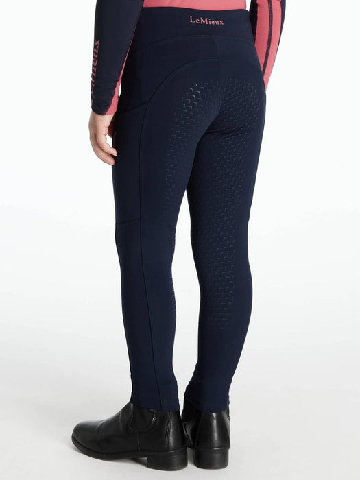 Navy riding pants with a patterned seat 
