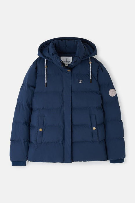 Blue puffer jacket with a hood 