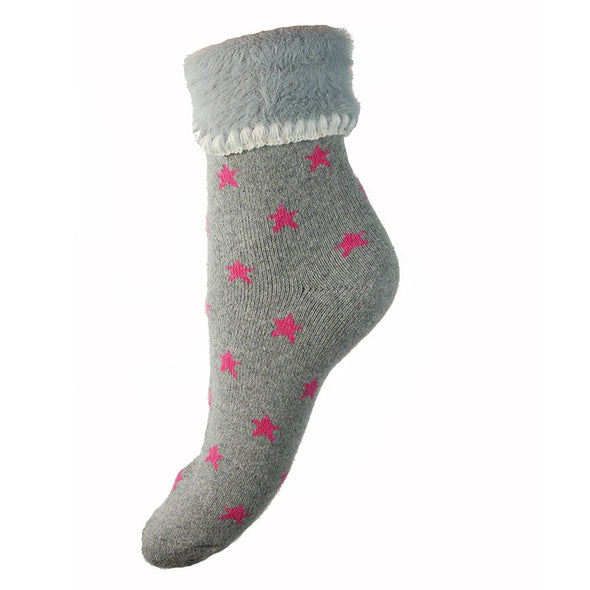 Joya Grey Cuff Socks With Pink Stars & Faux Fur Cuff