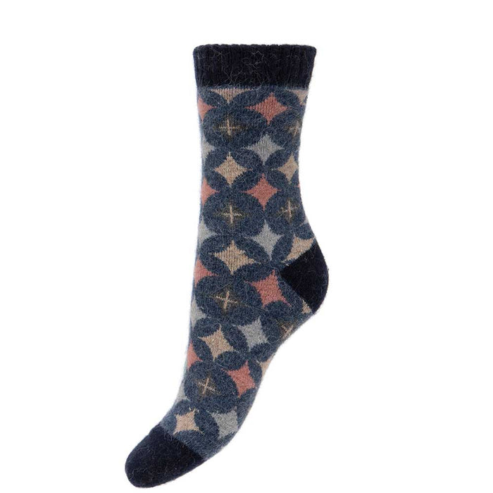 Joya Thick Blue Wool Blend Socks With Ribbed Cuff Pink & Grey Diamonds