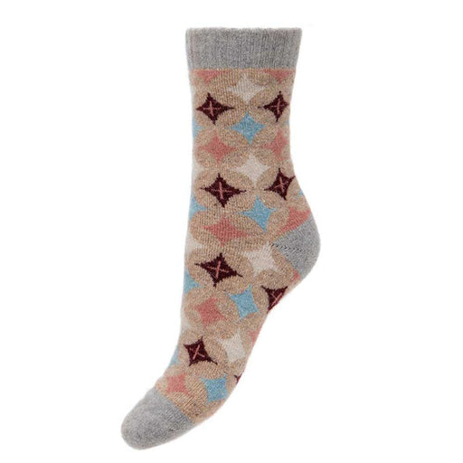 Joya Thick Fawn Wool Blend Socks With Ribbed Cuff & Diamond Pattern