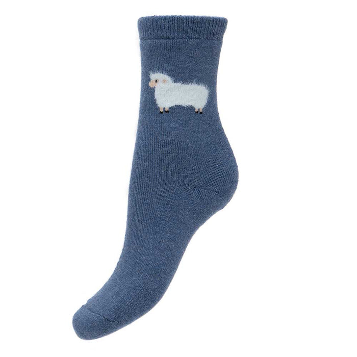 Joya Thick Wool Blend Dark Blue Socks With Cream Fluffy Sheep