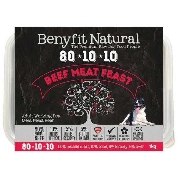 Benyfit Frozen 80-10-10 Beef Meat Feast Adult Raw Working Dog Food 1kg