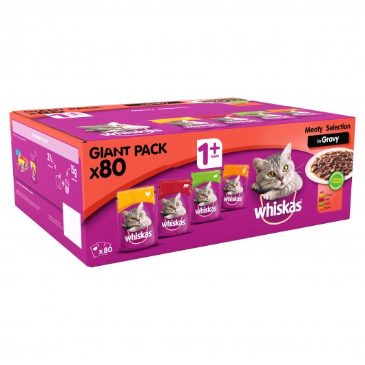 Whiskas 1+ Adult Meat Selection In Gravy Pouches 80x85g Giant Pack