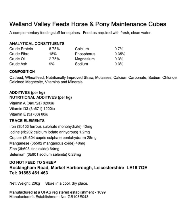 Welland Valley Feeds Maintenance Horse & Pony Cubes 20kg